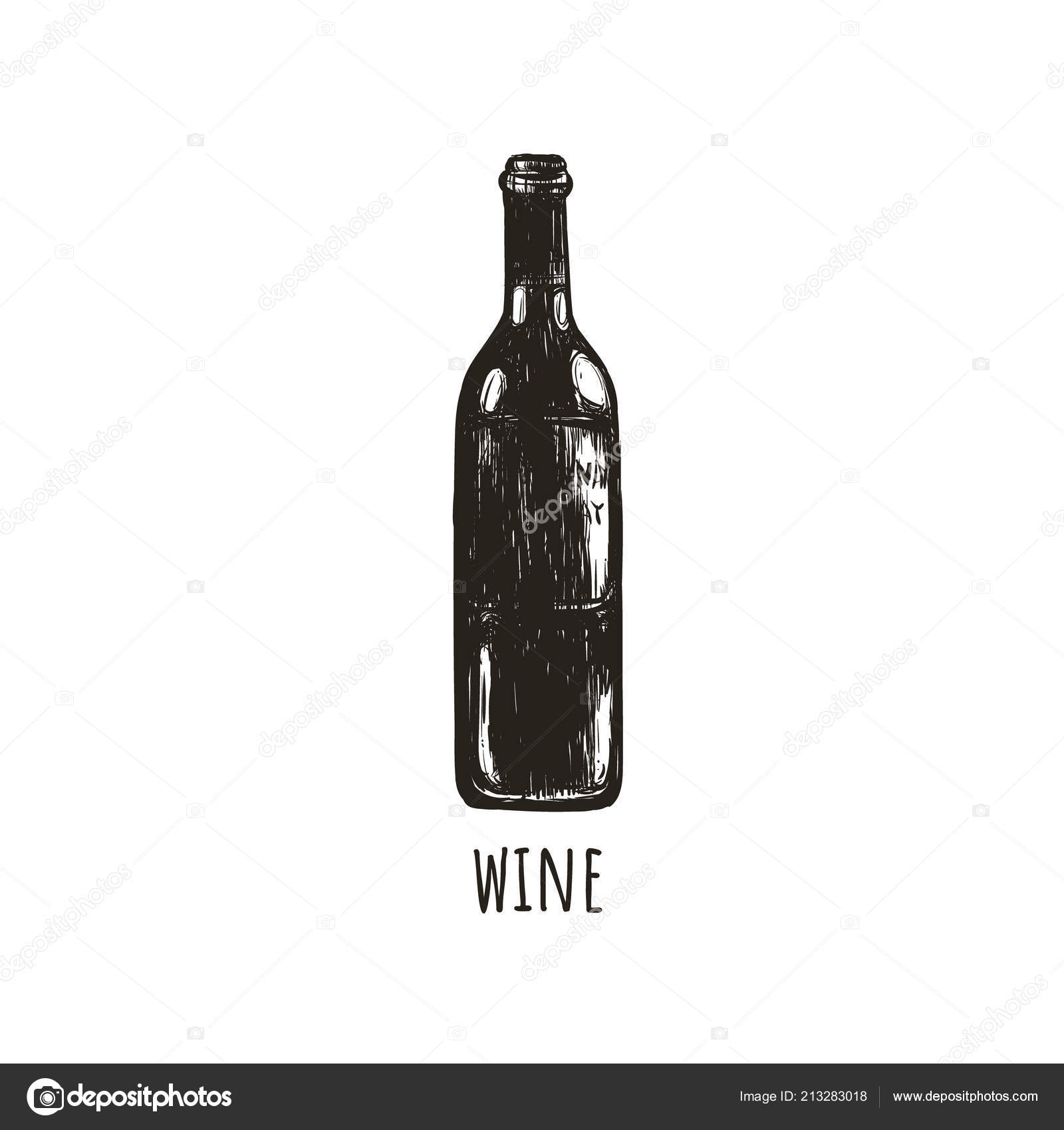 Бутылка Вина Ретро Эскиз Руки Рисунок. Векторное Изображение.