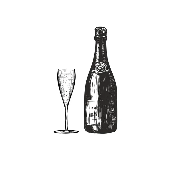Пляшка шампанського з келихом шампанського . — стоковий вектор