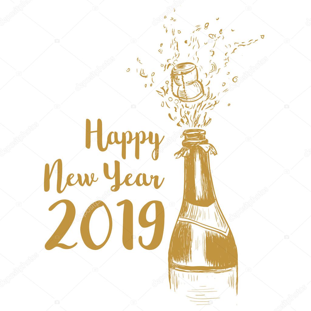 Happy New Year 2019. A bottle of champagne