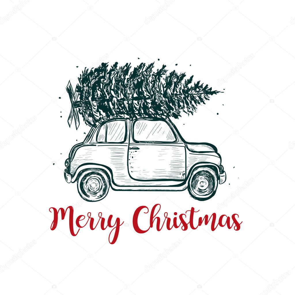 Merry Christmas greeting card. The car carries a fir on the roof. Christmas tree