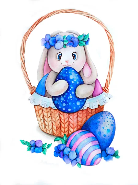 Easter bunny with colorful eggs in a basket.