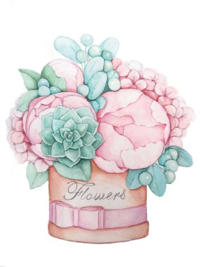 Yuvarlak bir kutu el çizim çiçek bir buket.