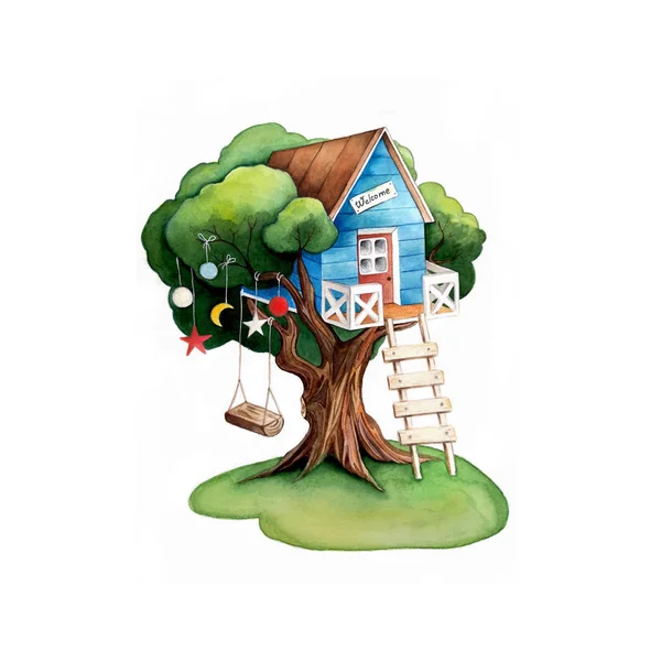 Tree house. Cartoon house and tree swing.