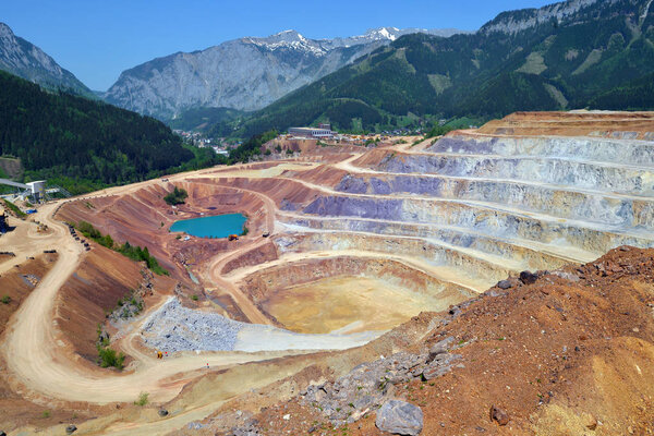 Aerial view of opencast mining quarry in Austrian Alps