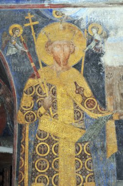 DESPOTOVAC, SERBIA - SEPTEMBER 13:Fresco painting of Stefan Lazarevic, founder of  medieval Serbian Otrhodox Monastery Manasija, on September 13. 2017. in Despotovac, Serbia clipart