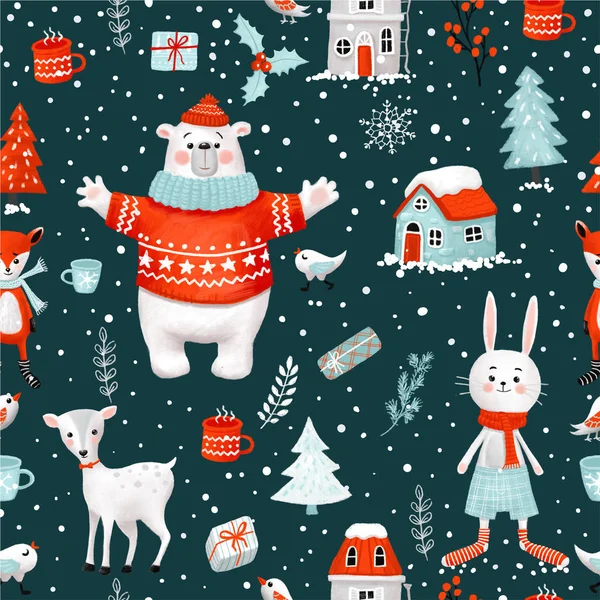 Winter Christmas Holiday Hand Drawn Raster Seamless Pattern Clipping Path — Stock Photo, Image