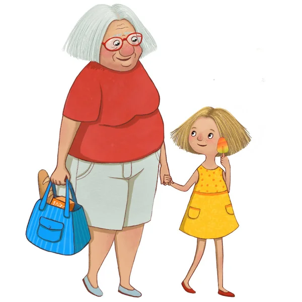 Granny Her Granddaughter Walking Talking Hand Drawn Raster Illustration Characters — Stock Photo, Image