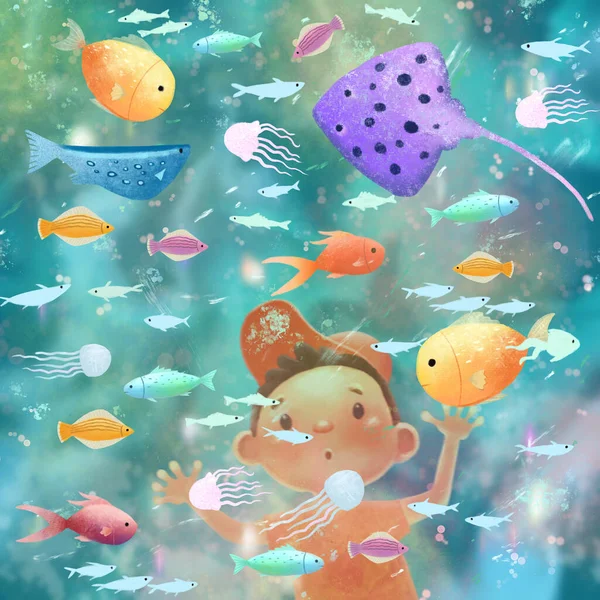 Unterwasserillustration Mit Kleinem Jungen Rasterzeichnung Hochauflösendes Bild — Stockfoto