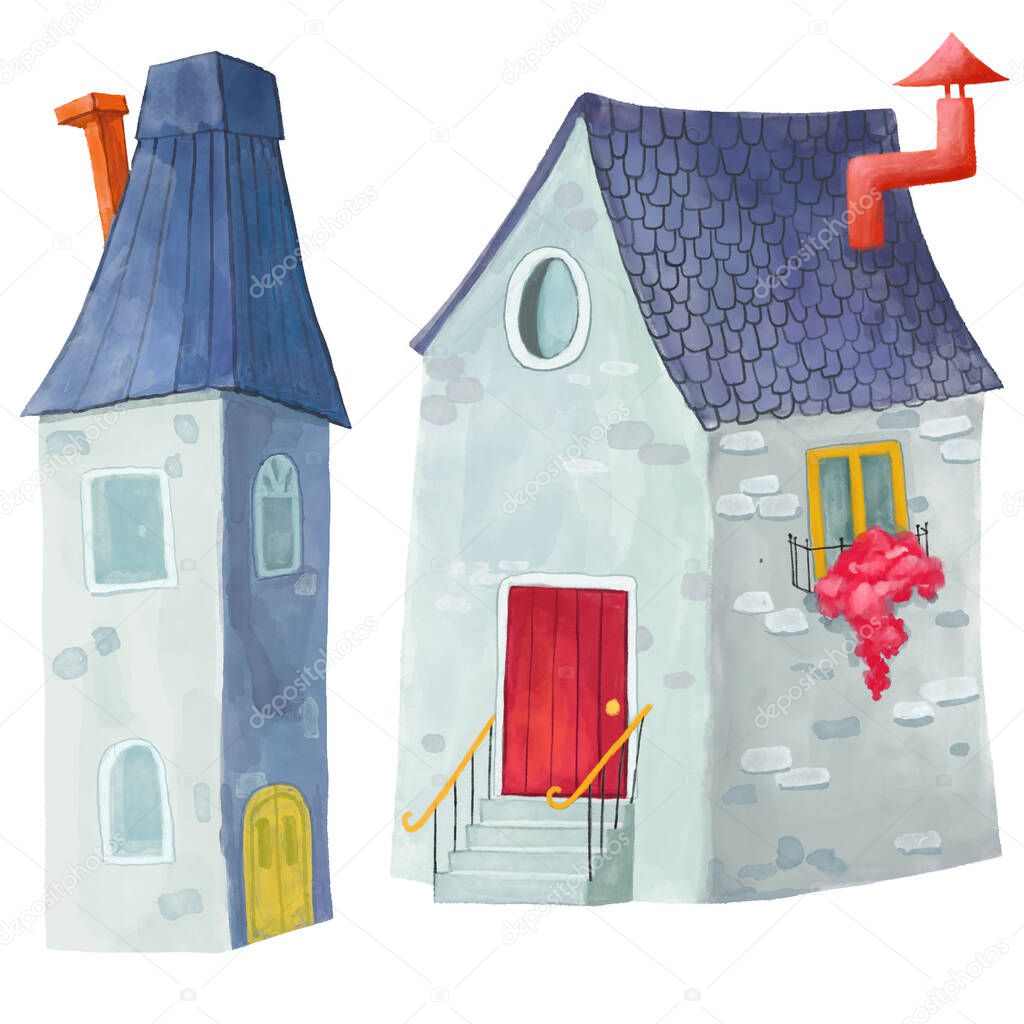 watercolor house set, isolated, clipping path included, raster illustration