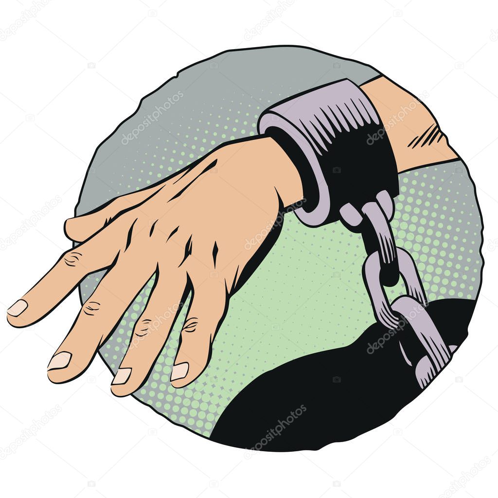 Stock illustration. Handcuffs on hands.