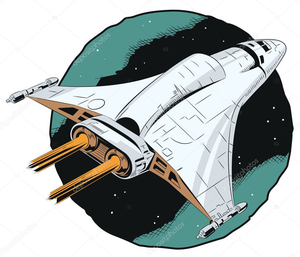 Stock illustration. Space ship in flight.