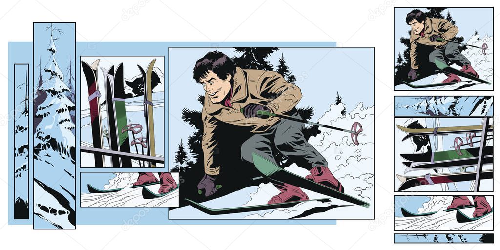 Stock illustration. People in retro style pop art and vintage advertising. Collage on theme skiing.