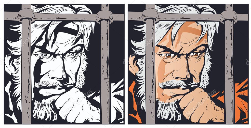 Stock illustration. Male in jail. Man is behind prison lattice.