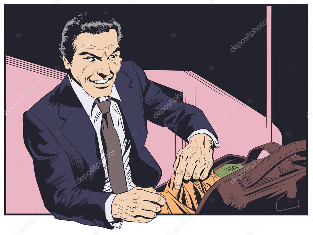 Stock illustration. Man packing bag. Businessman going on vacation.