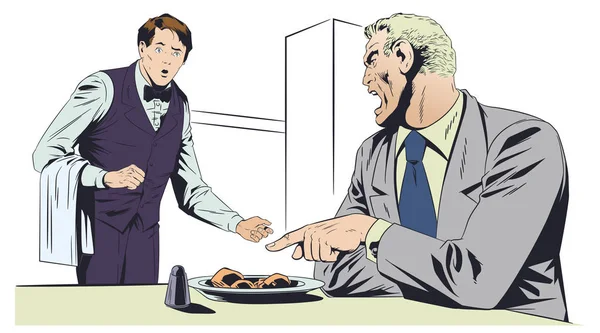 Злой посетитель ресторана кричит на официанта. Иллюстрация . — стоковый вектор