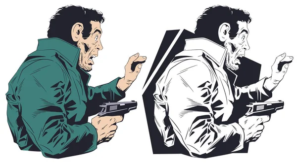 Un uomo spaventato con una pistola. Illustrazione delle scorte . — Vettoriale Stock