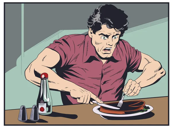 Un homme qui essaie la viande coupée. Illustration de stock . — Image vectorielle