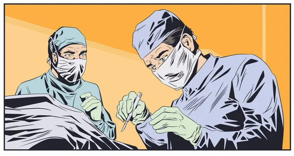 Artsen in chirurgische maskers. Operatiekamer. Stock Illustratie. — Stockvector