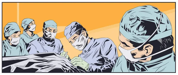 Médicos com máscaras cirúrgicas. Sala de operações. Ilustração das existências . —  Vetores de Stock