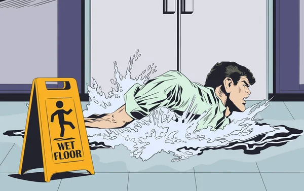 Businessman's swimming on wet floor. Warning sign. Stock illustr — Stock Vector
