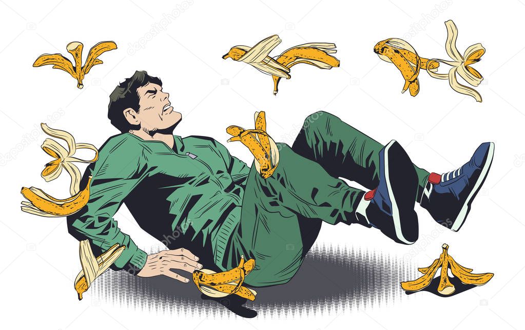 Man slipping on banana peel. Stock illustration. 