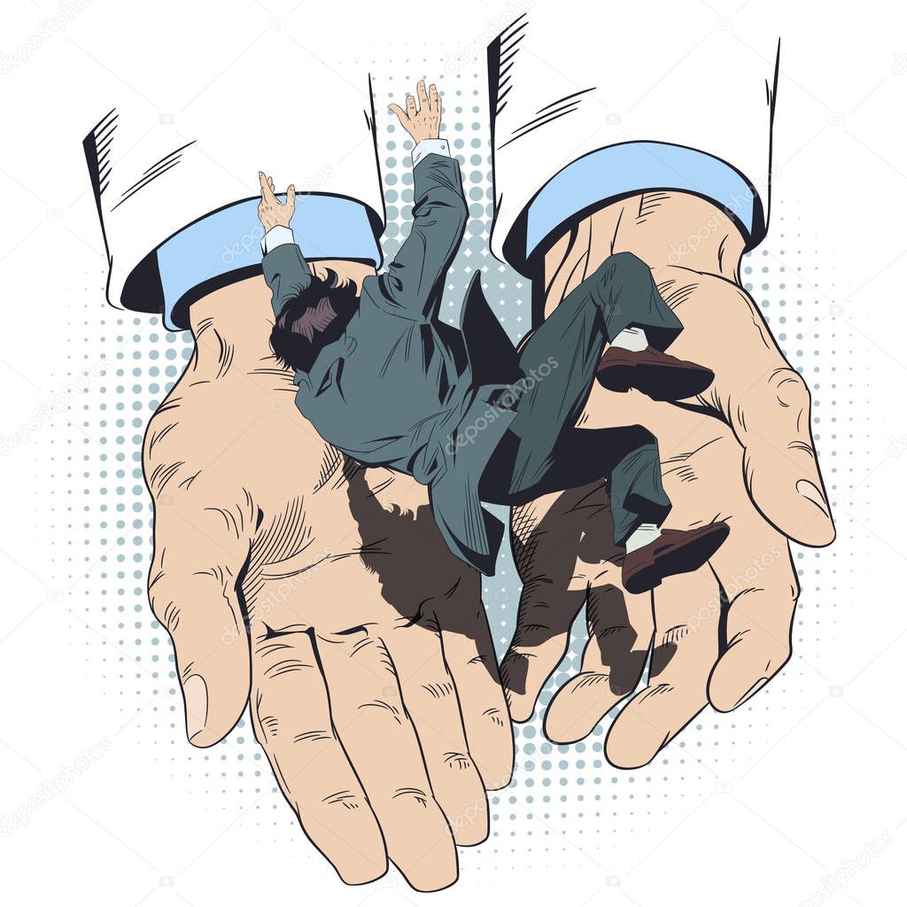 Concept Of Insurance. Man falls on open palms. Stock illustratio