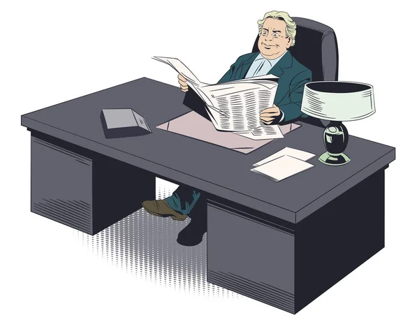 Счастливый бизнесмен за столом читал газету. Иллюстрация . — стоковый вектор