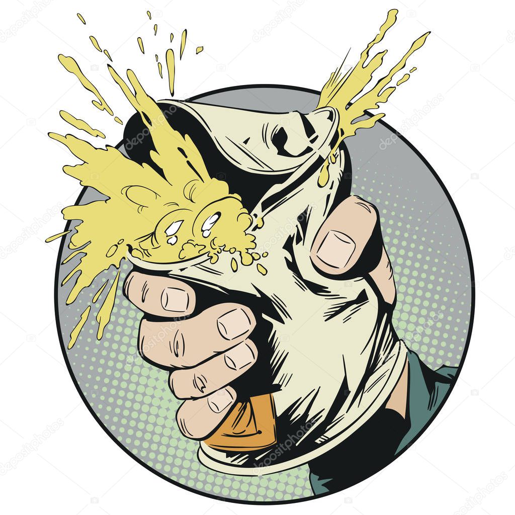 Man breaks tin can. Stock illustration. 