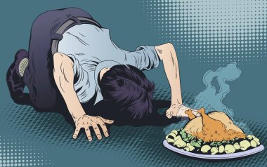 Man worships chicken. Man praying food. Stock illustration.  clipart