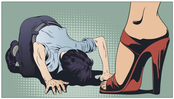 Man dyrkar kvinnan. Man ber Girl Feet ' s. Lager illustration. — Stock vektor