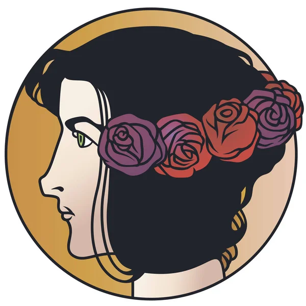 Porträtt flicka med rosor i håret. Lager illustration. — Stock vektor