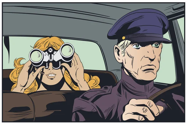 Limuzína řidič a dívka s dalekohledem. — Stockový vektor