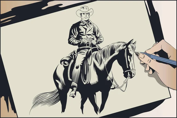 Objemová ilustrace. Kovboj na koni. — Stockový vektor