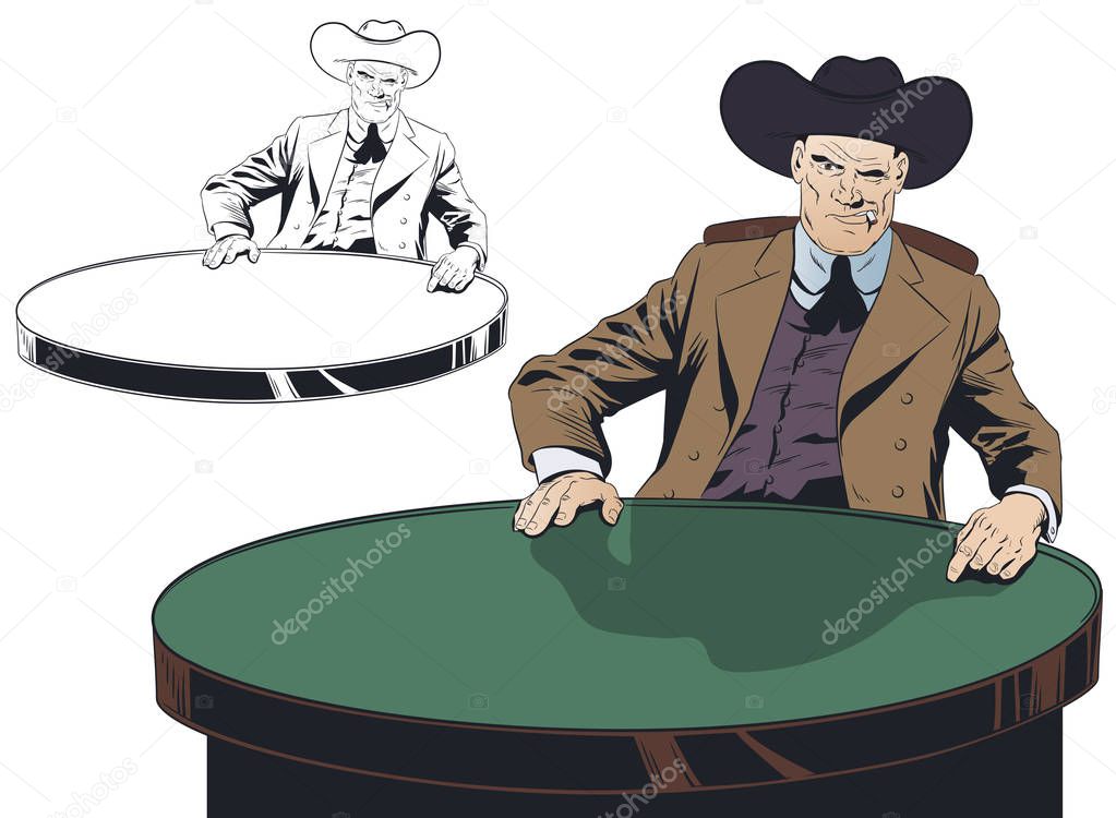 Man in a cowboy hat at table.