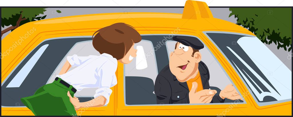 Girl talking with taxi driver. Stock illustration. 