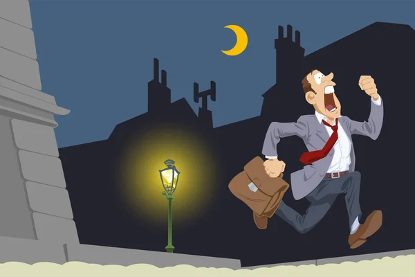 Gente Graciosa Hombre Negocios Asustado Corriendo Por Ciudad Nocturna — Vector de stock