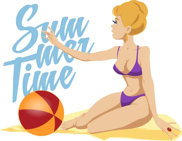 Meisje Bikini Met Bal Grappige Mensen Voorraadillustratie — Stockvector