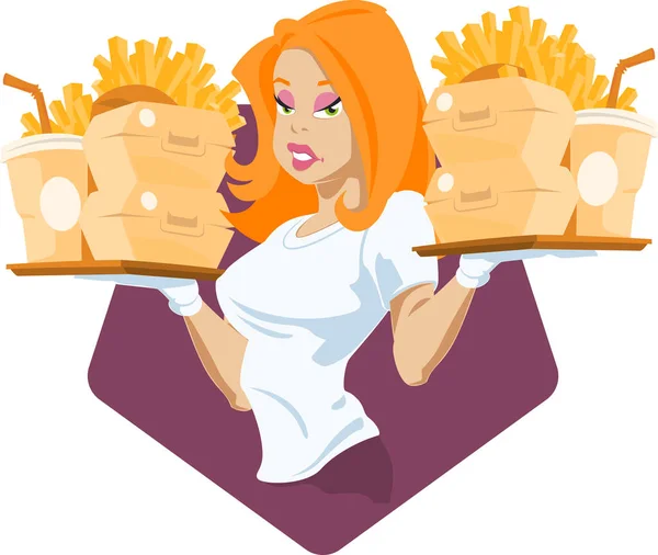 Fast Food Tepsisiyle Güzel Bir Kız Komik Insanlar — Stok Vektör