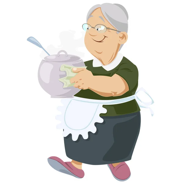Ηλικιωμένη Γυναίκα Κουβαλάει Ζεστό Δοχείο Φαγητό Φτιαγμένο Αγάπη Αστείοι Άνθρωποι — Διανυσματικό Αρχείο