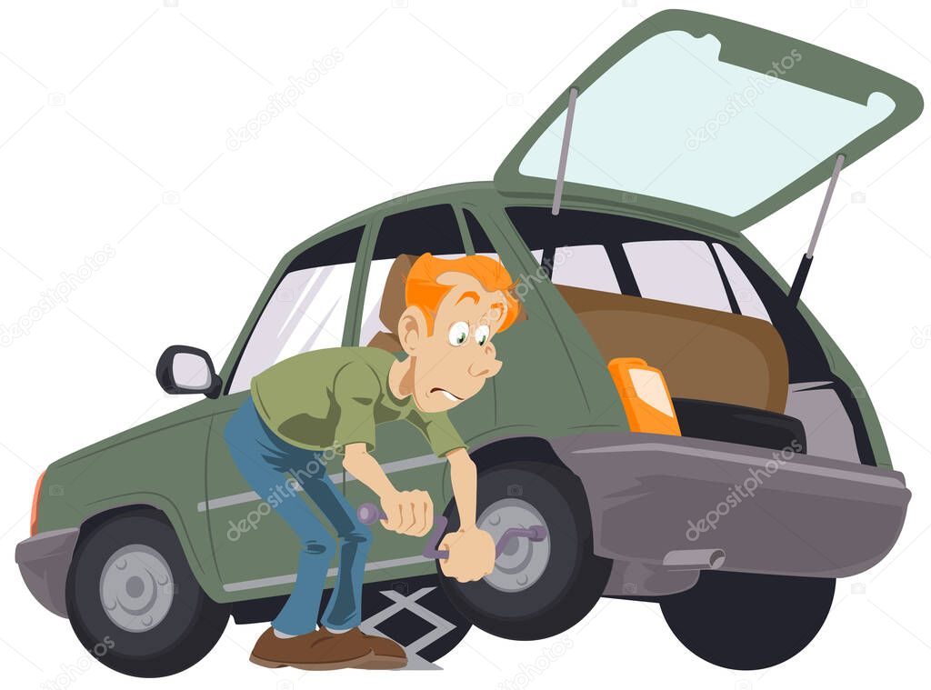 Car tire service. Auto mechanic is replacementing rim. Man changing punctured tyre a passenger car. Stock illustration. 