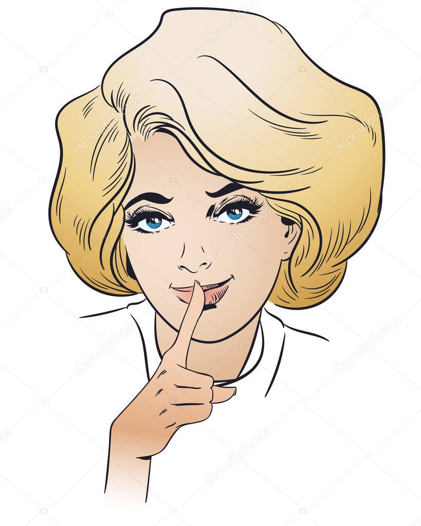 Portrait sly girl. Smiling girl in puts forefinger to lips. Young pretty woman asking keeping a secret. Stock illustration. 
