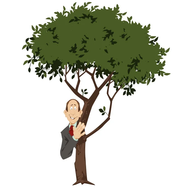 Hombre Escondido Detrás Del Árbol Verde Gente Graciosa Ilustración General — Vector de stock