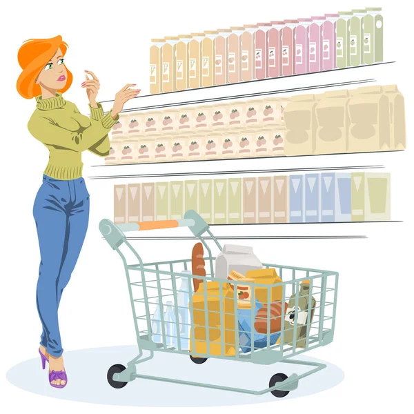 Mujer Joven Con Carrito Compras Concepto Ilustración Para Desarrollo Sitios — Vector de stock