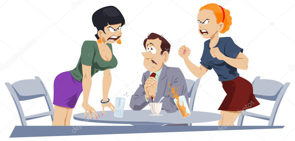 Friends quarrel in cafe. Illustration for internet and mobile website. 