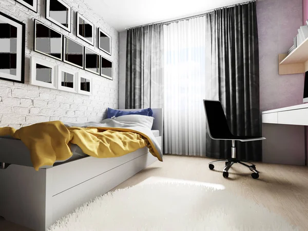 Tuğla duvar arka plan, 3d render üzerinde modern yatak — Stok fotoğraf
