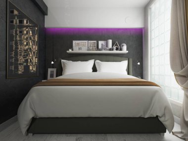 Yatak odasında çağdaş bir tarz. 3D render