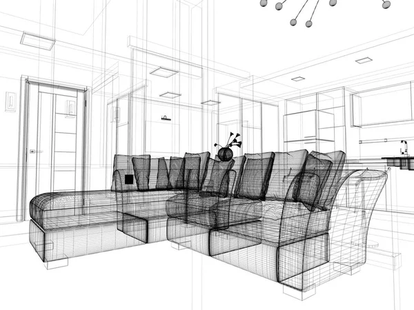 Moderní Interiér Obývacího Pokoje Vykreslování — Stock fotografie