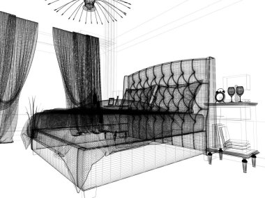 Yatak odasında çağdaş stil, 3 d işleme