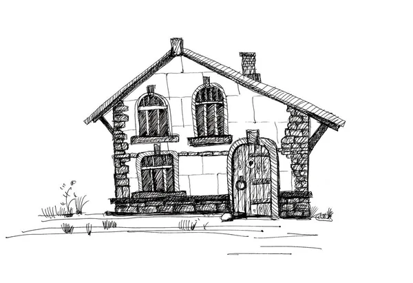 住宅建筑的图片 在白色背景的墨水图画 — 图库照片