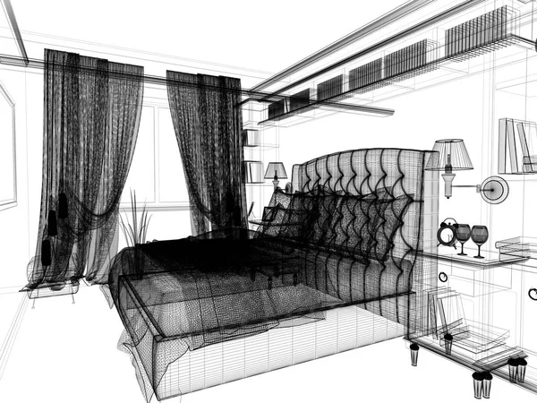 Интерьер современной спальни, выполненный в темных тонах — стоковое фото